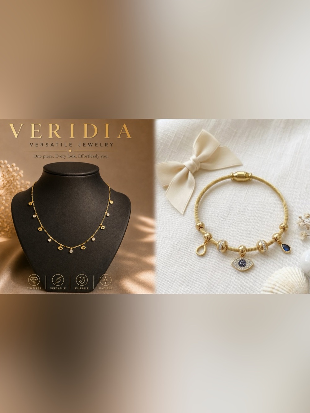 Veridia Gold Charm Evil Eye Necklace and Bangle Set